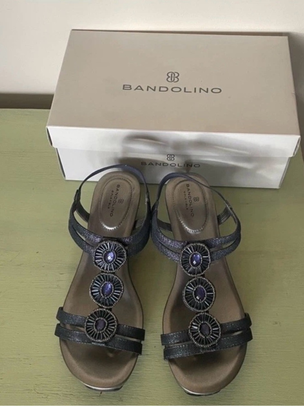 Bandolino wedge heel sandals rhinestone beads Women’s Size 7 1/2”
